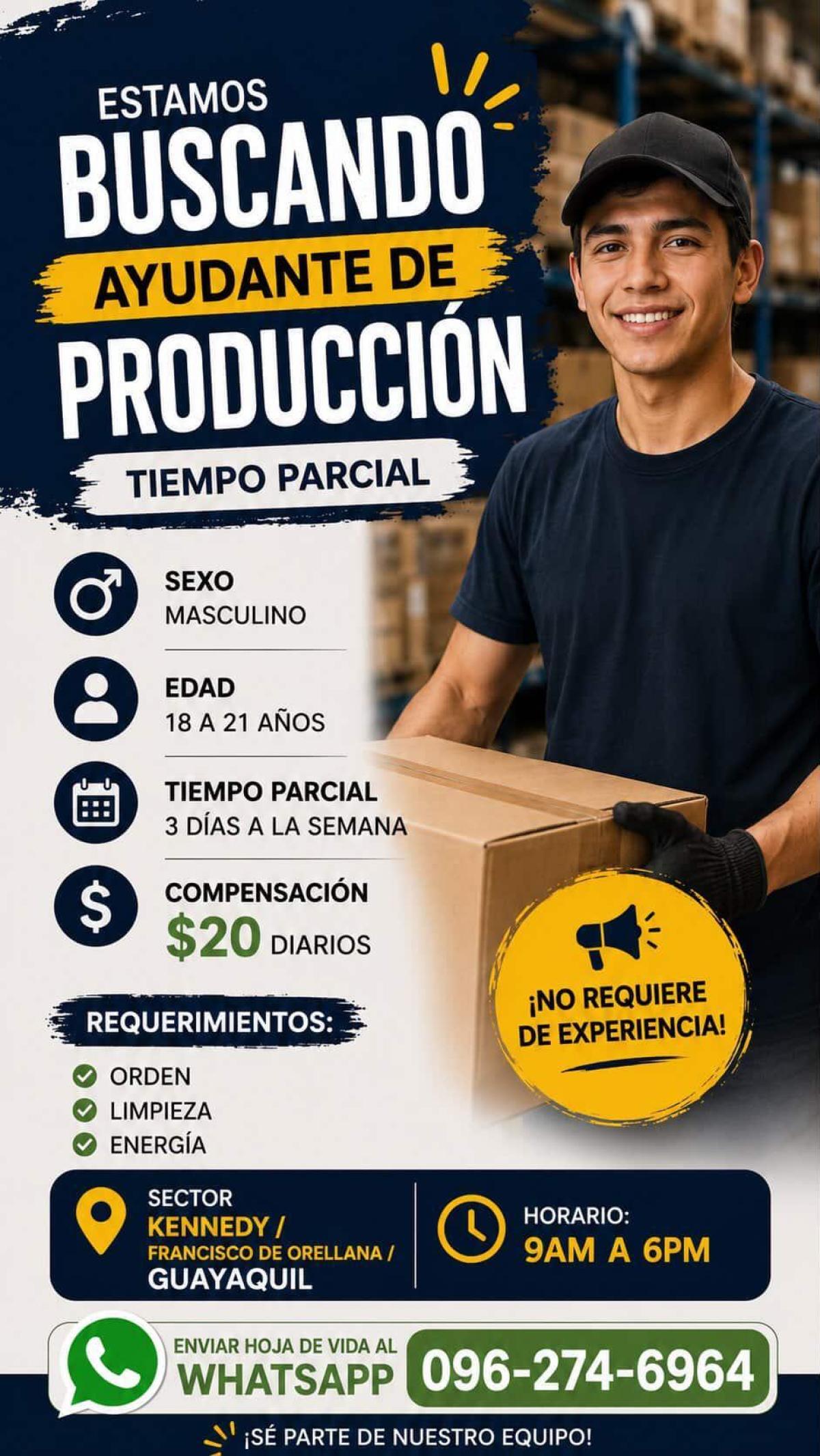 Estamos buscando ayudante de producción   tiempo parcial en Guayas