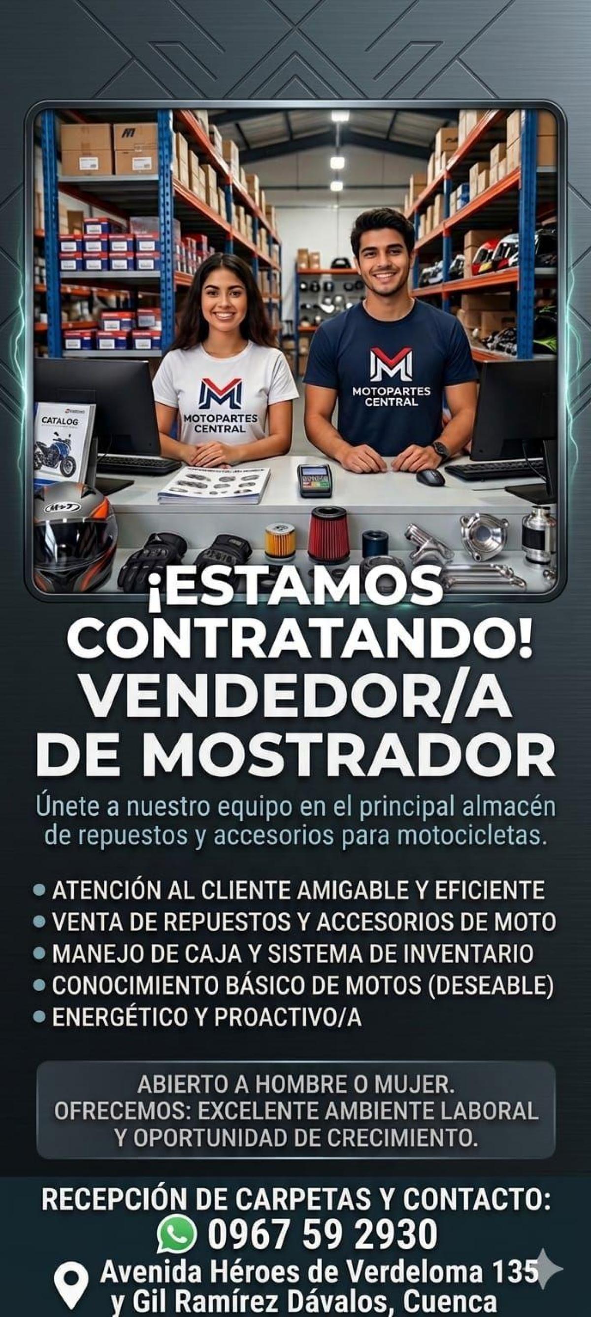 Se busca vendedores de mostrador, en almacén de repuestos y accesorios para motocicletas. en Azuay