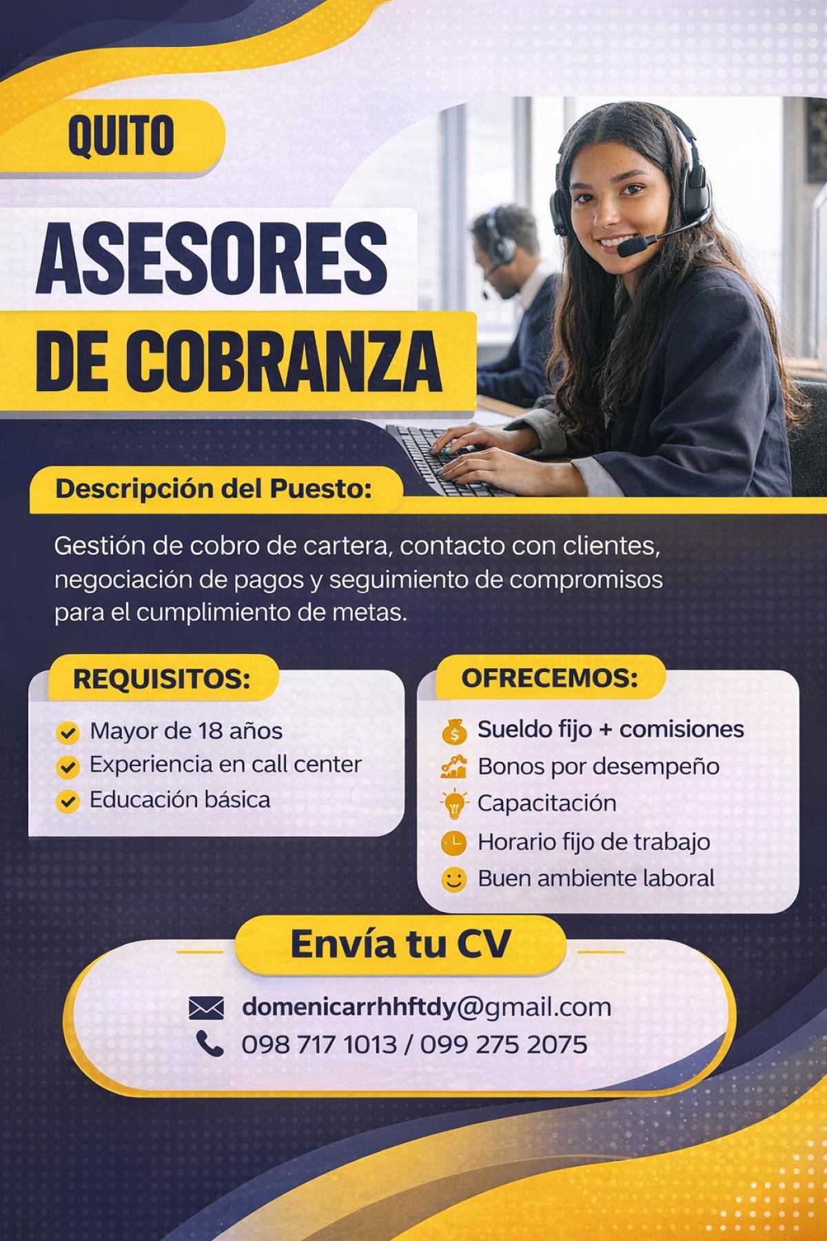 Quito se busca asesores de cobranza en Pichincha