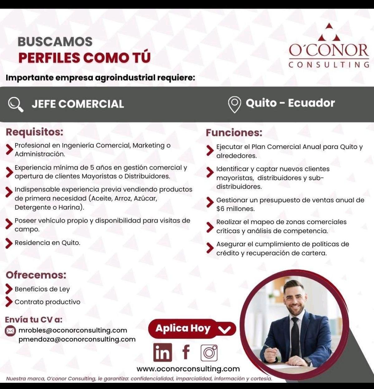 Importante empresa agroindustrial requiere:  jefe comercial en Pichincha
