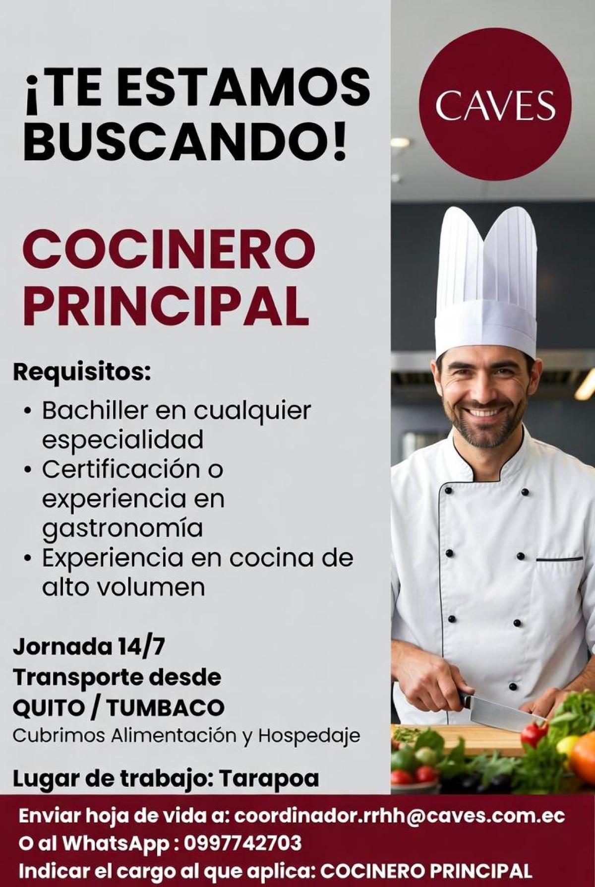 Se busca cocinero principal en Pichincha
