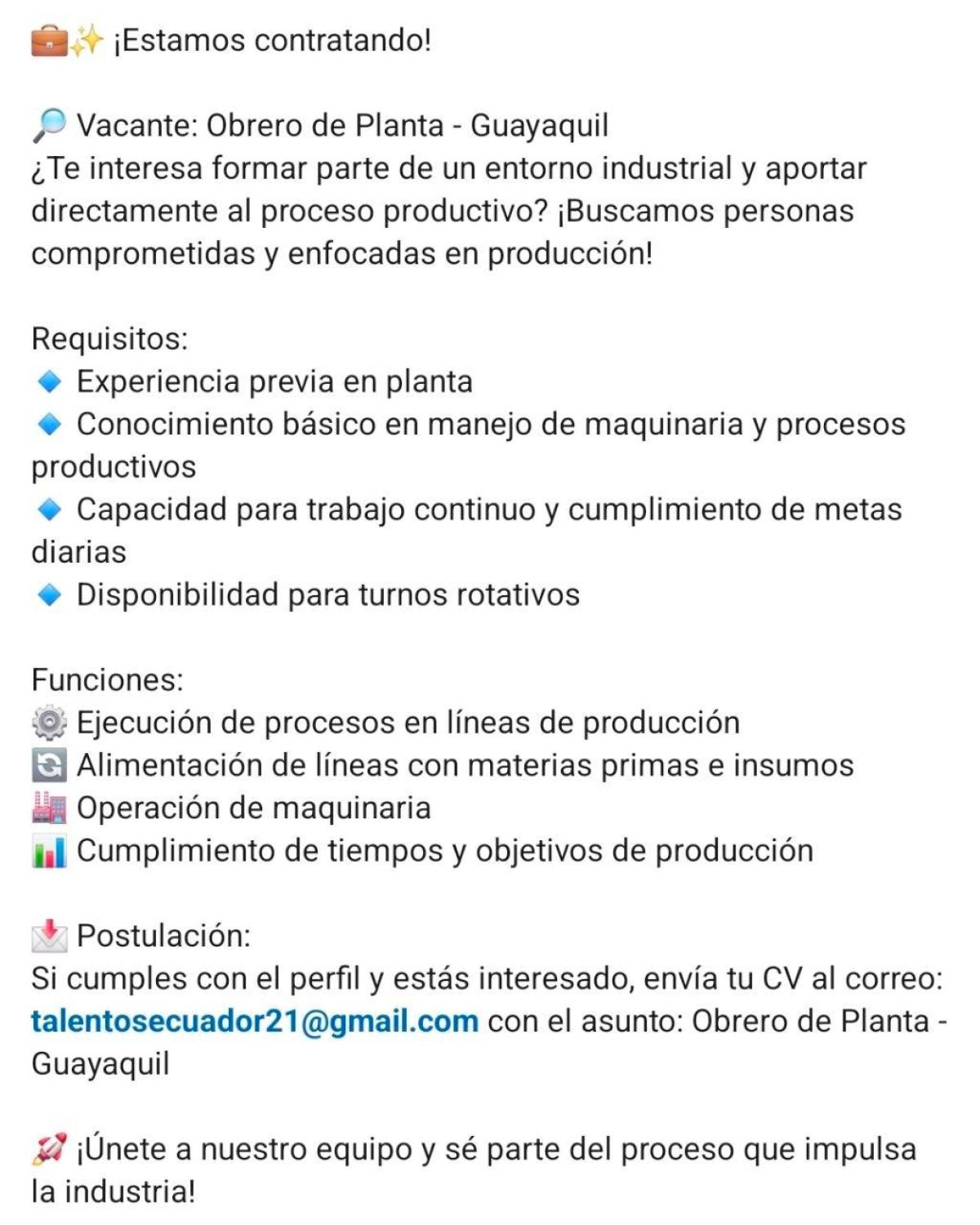 Vacante: obrero de planta - guayaquil en Guayas