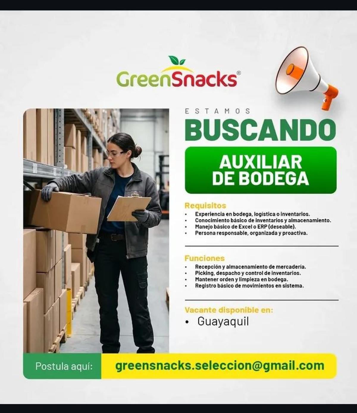 Se busca auxiliar de bodega en Guayas