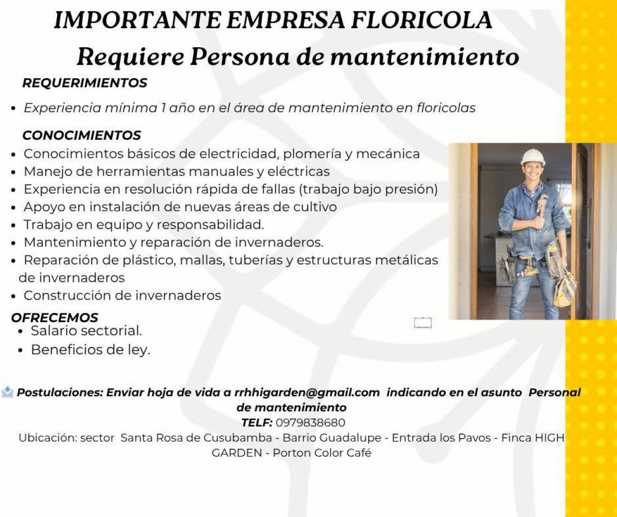 Florícola requiere personal de mantenimiento en Pichincha