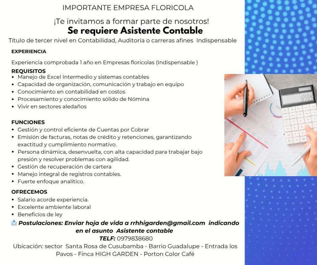 Se requiere asistente contable en Pichincha