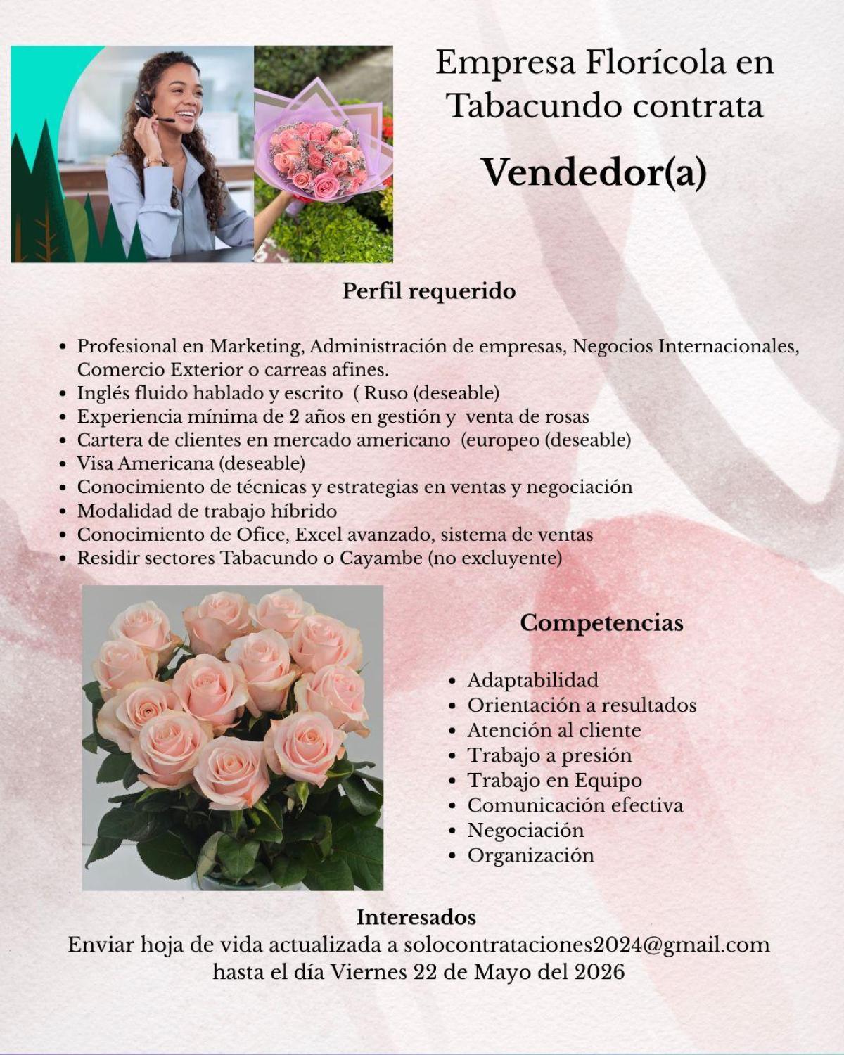 Empresa florícola en tabacundo contrata vendedor(a) en Pichincha