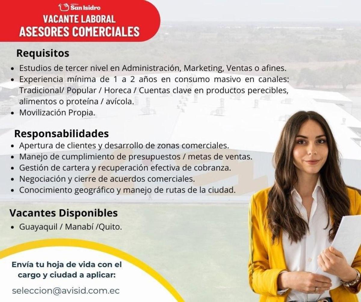 Vacante laboral para asesores comerciales. en Guayas