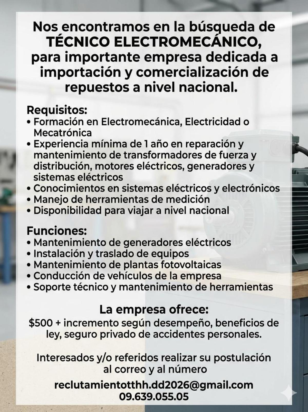Buscamos  técnico electromecánico en Guayas
