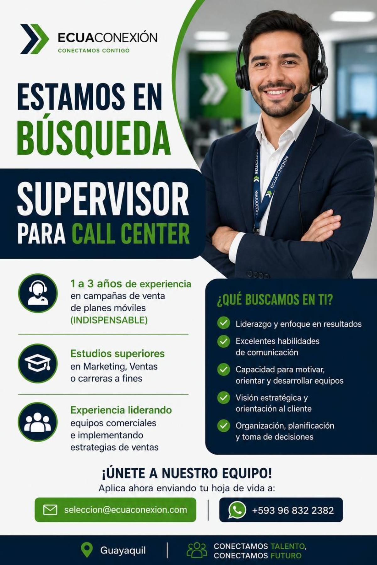 Estamos en búsqueda supervisor para call center en Guayas